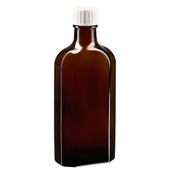 Bottiglia Meplat 150 ml colore marrone con imboccatura DIN 22, tappo a vite colore bianco DIN 22 con anello salvagoccia
