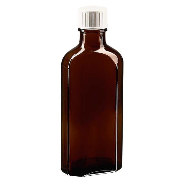 Bottiglia Meplat 100 ml colore marrone con imboccatura DIN 22, tappo a vite colore bianco DIN 22 con anello salvagoccia