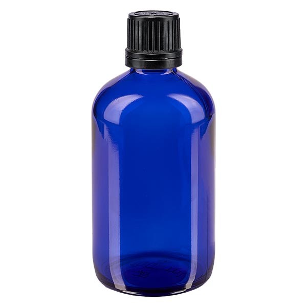 Flacone da farmacia 100 ml colore blu con tappo a vite anello salvagoccia antimanomissione colore nero