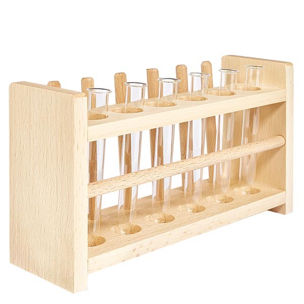 Supporto per provette in legno con 6 provette vetro borosilicato 100 x 12