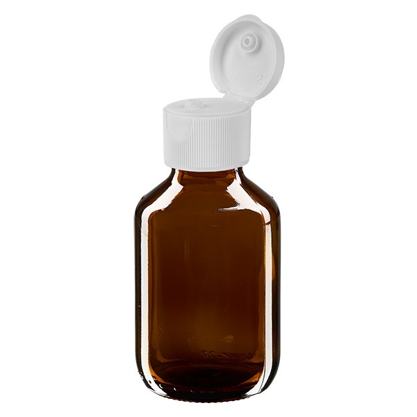 Flacone per medicinali secondo gli standard europei 100 ml marrone con tappo flip top colore bianco