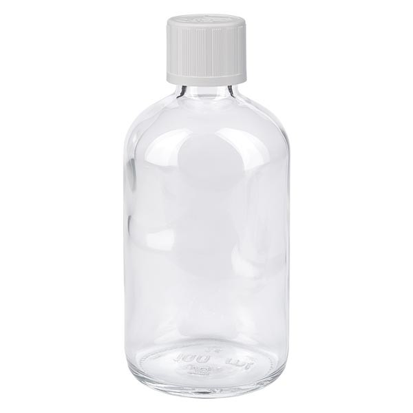 Flacone da farmacia 100 ml trasparente con tappo contagocce colore bianco, dispositivo di blocco per i bambini