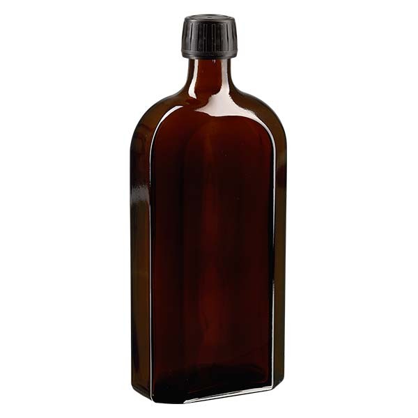 Bottiglia Meplat 500 ml colore marrone con imboccatura DIN 28, tappo a vite colore nero DIN 28 antimanomissione in