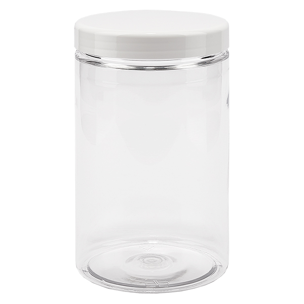 Barattolo in PET cilindrico da 250 ml trasparente con tappo a vite in  plastica bianco 70/400 e inserto EPE