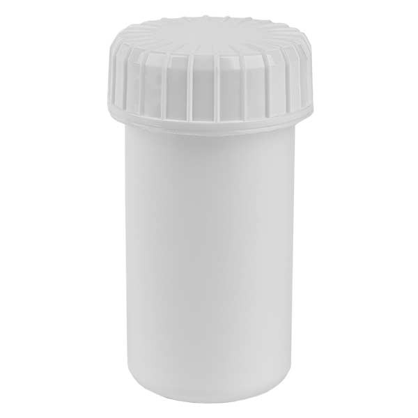 Barattolo in plastica 20 ml colore bianco con tappo a vite scanalato di colore bianco in PE, tipo di chiusura standard