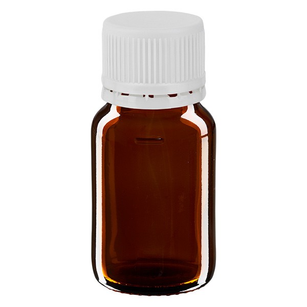 Flacone per medicinali 30 ml secondo gli standard europei marrone con tappo antimanomissione di colore bianco