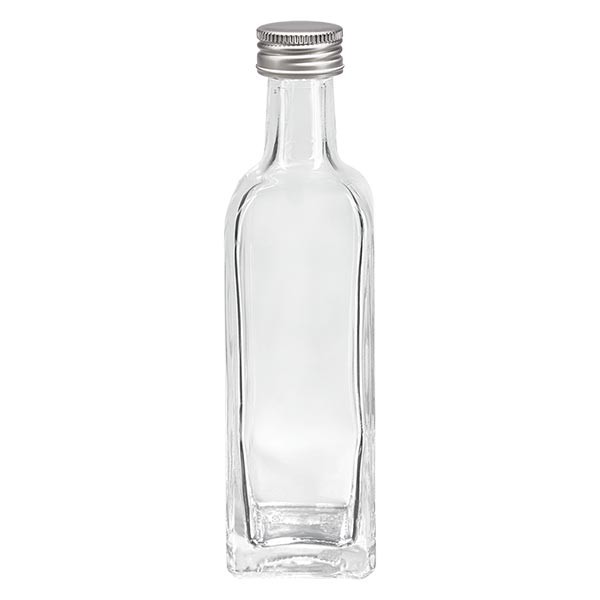 Bottiglia per liquore da 60 ml vetro trasparente quadrangolare incl. tappo a vite in alluminio color argento (PP 18 mm)