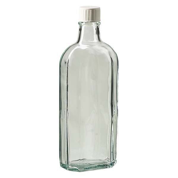 Bottiglia Meplat 250 ml colore bianco con imboccatura DIN 22, tappo a vite colore bianco DIN 22 con anello salvagoccia