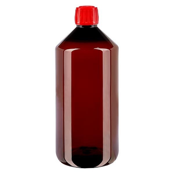 Bottiglia di medicina PET 1000ml marrone (bottiglia Veral) PP28, con OV rosso