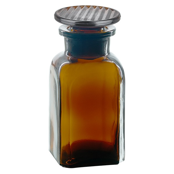 Flacone quadrangolare da farmacia 100 ml a collo largo in vetro marrone incl. tappo in vetro