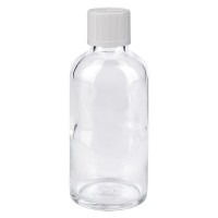 Flacone da farmacia 50 ml trasparente tappo a vite standard colore bianco, dispositivo di blocco per i bambini Flacone da farmacia 50 ml trasparente tappo a vite standard colore bianco, dispositivo di blocco per i bambini