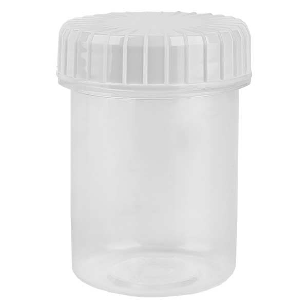 Barattolo in plastica 40 ml trasparente con tappo a vite scanalato di colore bianco in PE, tipo di chiusura standard