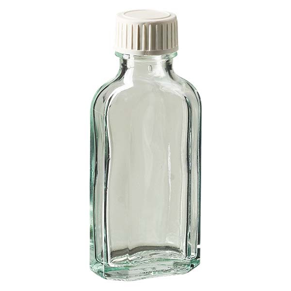 Bottiglia Meplat 50 ml colore bianco con imboccatura DIN 22, tappo colore bianco in PP con inserto in schiuma polietilenica