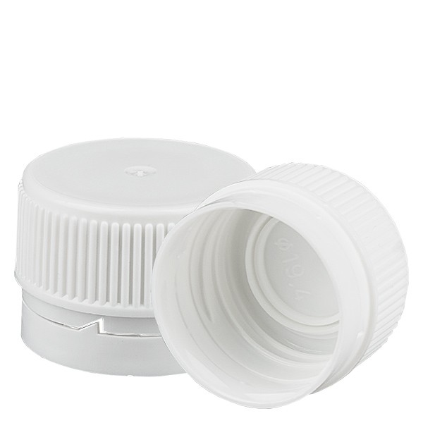 Tappo a vite colore bianco, 28 mm antimanomissione (per flaconi per medicinali secondo gli standard europei)