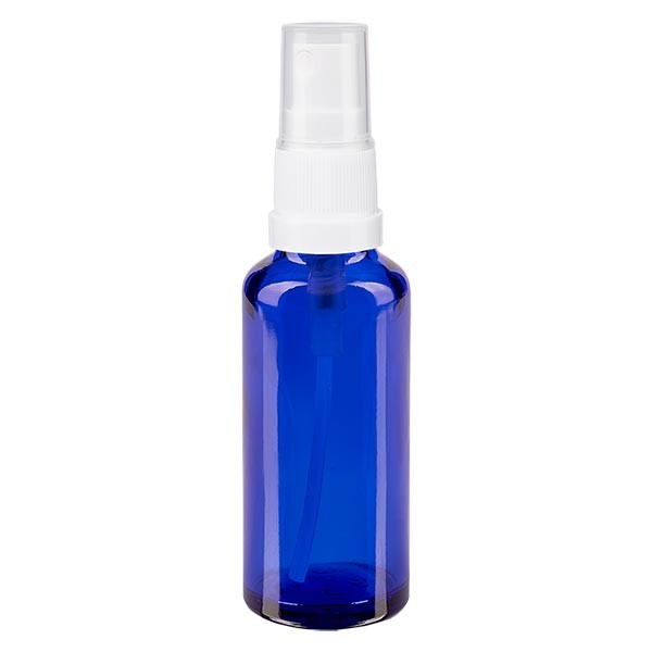 Flacone in vetro blu 30 ml con nebulizzatore a pompa bianco