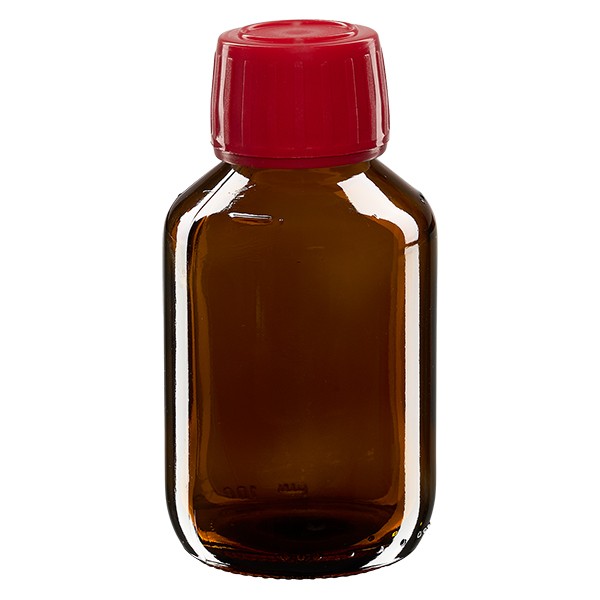 Flacone per medicinali secondo gli standard europei 100 ml colore marrone con tappo a vite antimanomissione di colore rosso