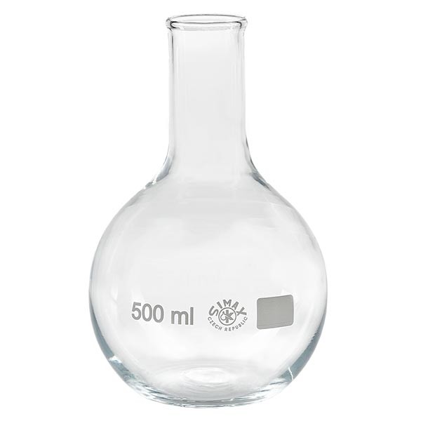 Matraccio a fondo piatto 500 ml in borosilicato, con collo stretto e bordo svasato