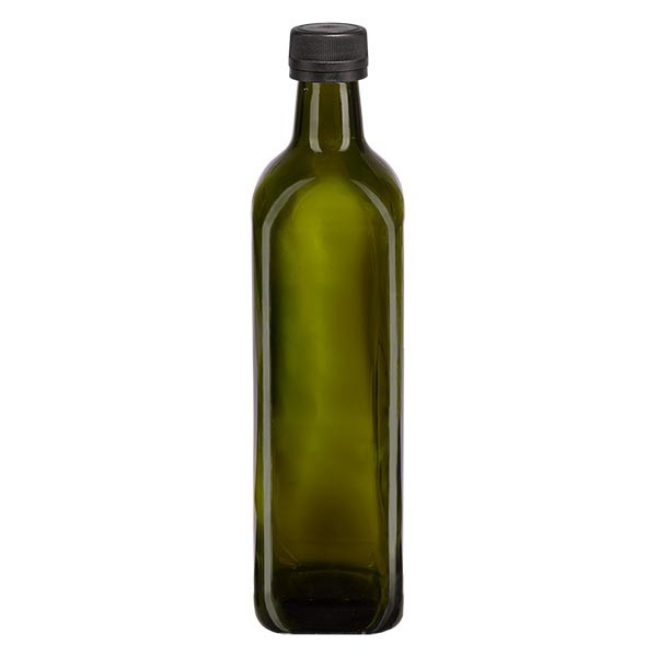 Bottiglia per olio da 750 ml rettangolare verde oliva incl. tappo a vite nero (PP 31,5 mm) con anello salvagoccia antimanomissione