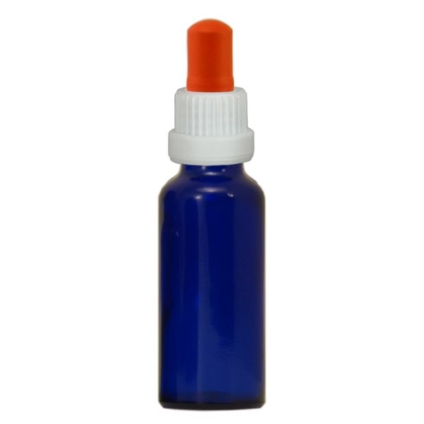 Flacone con pipetta colore blu 30 ml, pipetta antimanomissione colore bianco/rosso