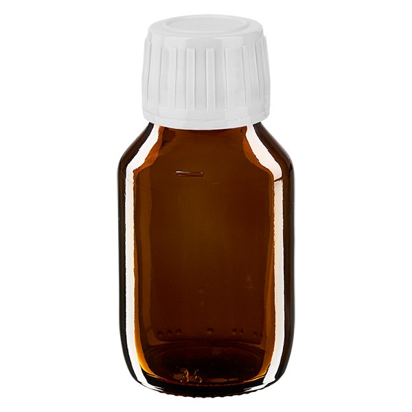 Flacone per medicinali 50 ml secondo gli standard europei marrone con tappo antimanomissione di colore bianco