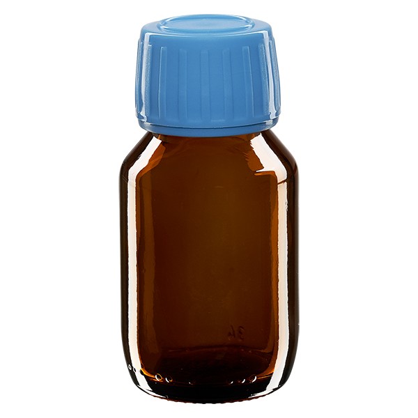 Flacone per medicinali secondo gli standard europei 50 ml colore marrone con tappo a vite antimanomissione di colore blu