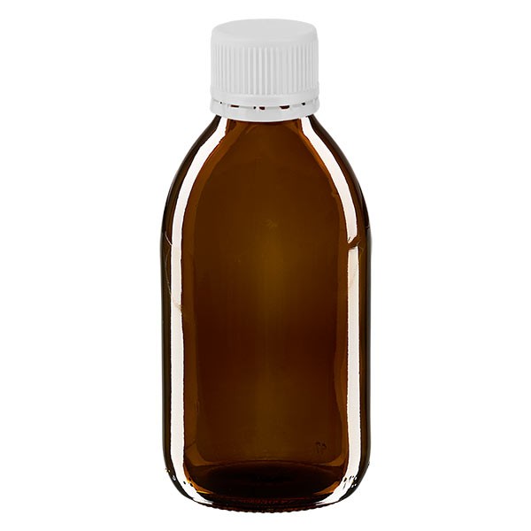 Flacone per medicinali 250 ml secondo gli standard europei marrone con tappo antimanomissione di colore bianco