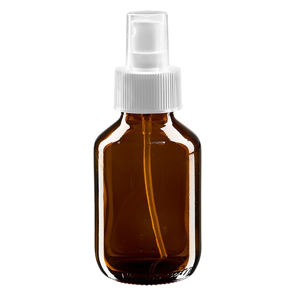 Flacone per medicinali 100 ml colore marrone secondo gli standard europei con nebulizzatore colore bianco e tappo trasparente