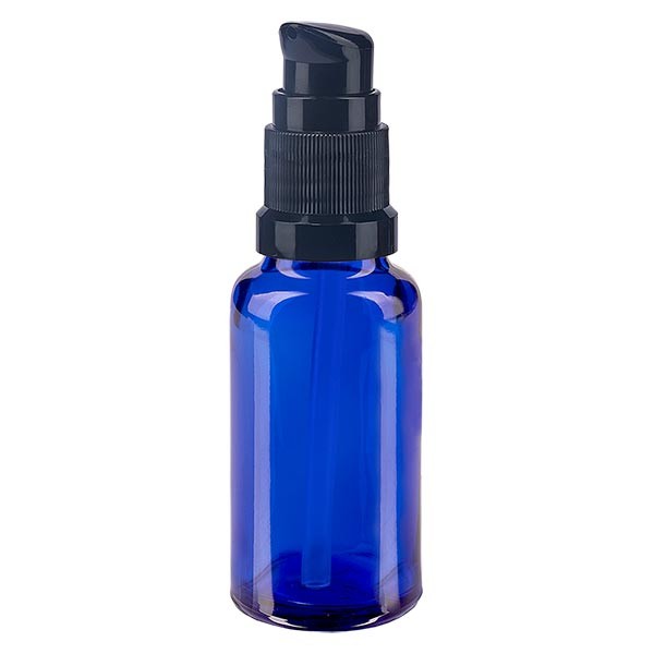 Flacone in vetro blu 20 ml con tappo a pompa colore nero