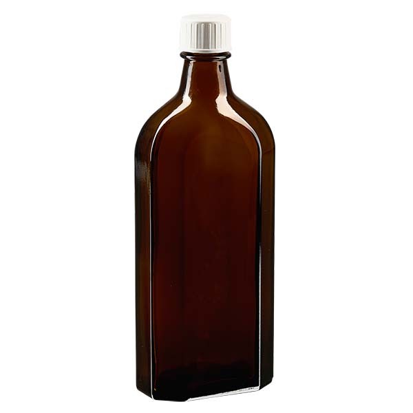 Bottiglia Meplat 250 ml colore marrone con imboccatura DIN 22, tappo a vite colore bianco DIN 22 con anello salvagoccia