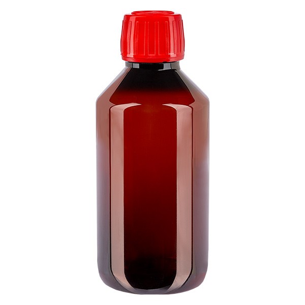 Bottiglia di medicina PET 250ml marrone (bottiglia Veral) PP28, con OV rosso