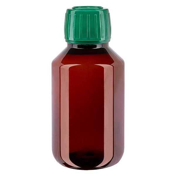 Bottiglia di medicina PET 100ml marrone (bottiglia Veral) PP28, con OV verde