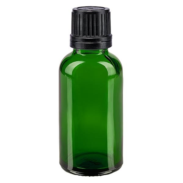 Flacone da farmacia 30 ml colore verde con tappo a vite anello salvagoccia antimanomissione colore nero