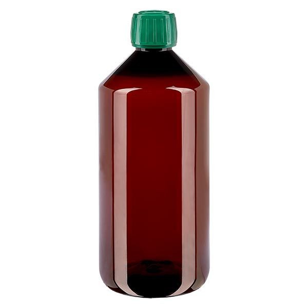 Bottiglia di medicina PET 1000ml marrone (bottiglia Veral) PP28, con OV verde