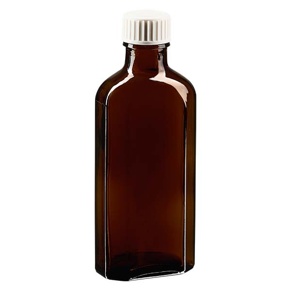 Bottiglia Meplat 100 ml colore marrone con imboccatura DIN 22, tappo a vite colore bianco DIN 22 in PP con