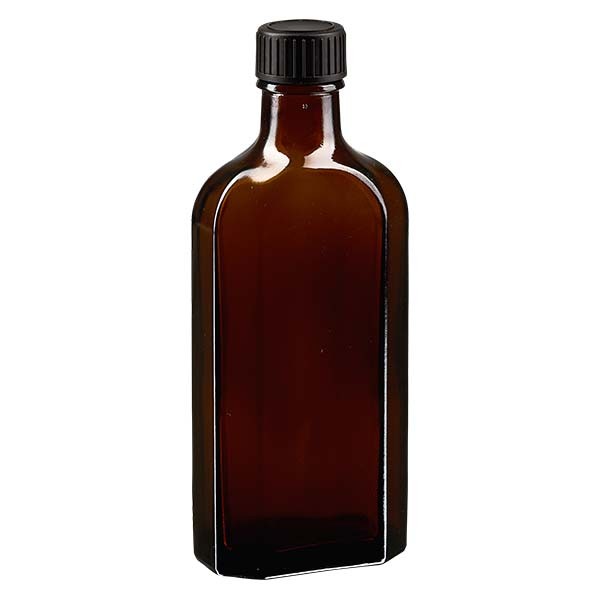 Bottiglia Meplat 150 ml colore marrone con imboccatura DIN 22, tappo a vite DIN 22 colore nero in LKD
