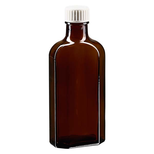 Bottiglia Meplat 125 ml colore marrone con imboccatura DIN 22, tappo a vite colore bianco DIN 22 in PP con