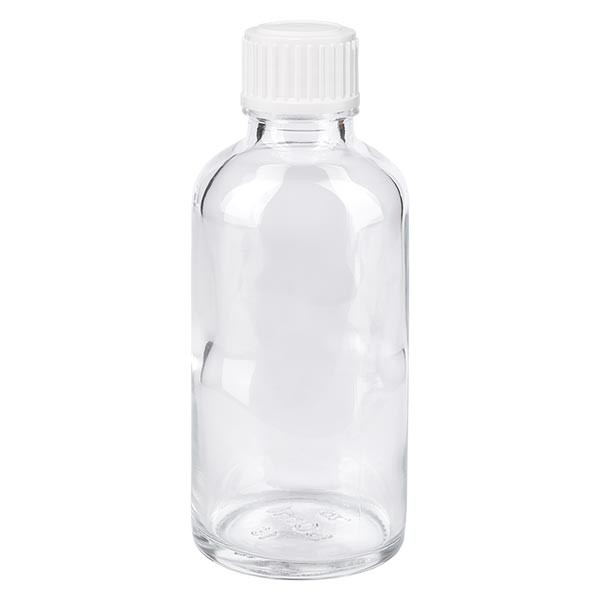 Flacone da farmacia 50 ml trasparente con tappo contagocce standard 0,8 mm colore bianco