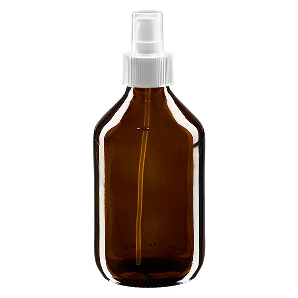 Flacone per medicinali 250 ml colore marrone secondo gli standard europei con nebulizzatore colore bianco e tappo trasparente