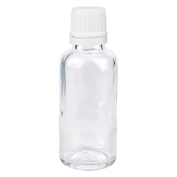 Flacone da farmacia 30 ml colore transparente con tappo contagocce 1,2 mm antimanomissione colore bianco