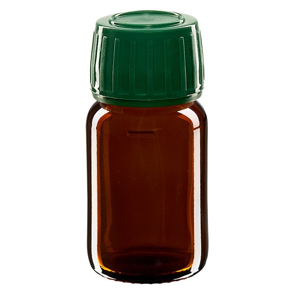 Flacone per medicinali secondo gli standard europei 30 ml colore marrone con tappo a vite antimanomissione colore verde