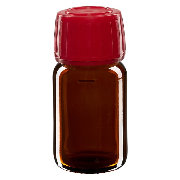 Flacone per medicinali secondo gli standard europei 30 ml colore marrone con tappo a vite antimanomissione di colore rosso