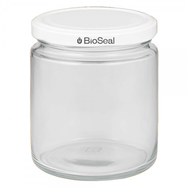 Vasetto per miele da 350 g con capsula bianca BioSeal UNiTWIST