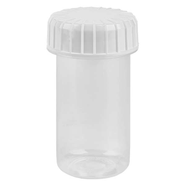 Barattolo in plastica 20 ml trasparente con tappo a vite scanalato di colore bianco in PE, tipo di chiusura standard