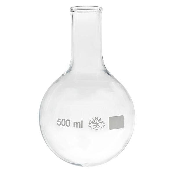 Matraccio a fondo tondo 500 ml in borosilicato, a collo stretto e con bordo svasato