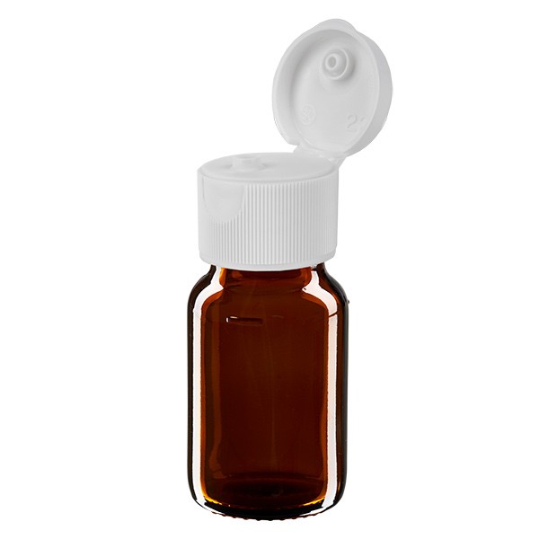 Flacone per medicinali secondo gli standard europei 30 ml marrone con tappo flip top colore bianco