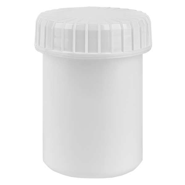 Barattolo in plastica 40 ml colore bianco con tappo a vite scanalato di colore bianco in PE, tipo di chiusura standard