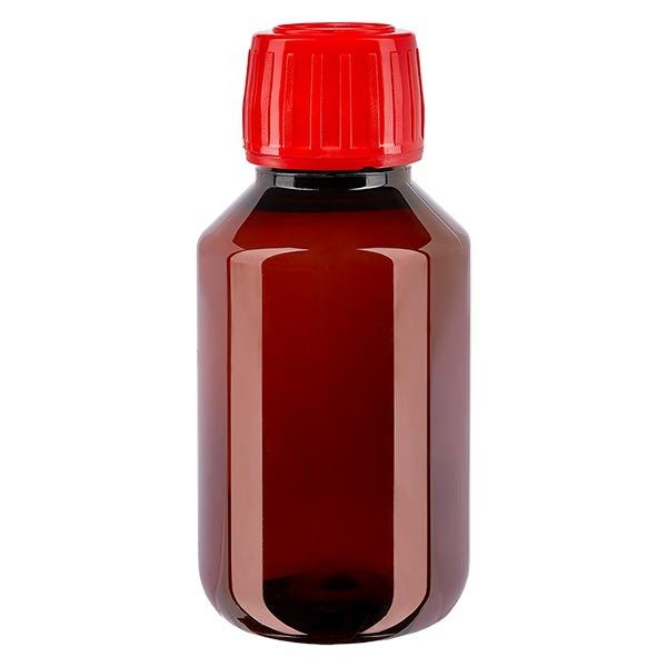 Bottiglia di medicina PET 100ml marrone (bottiglia Veral) PP28, con OV rosso