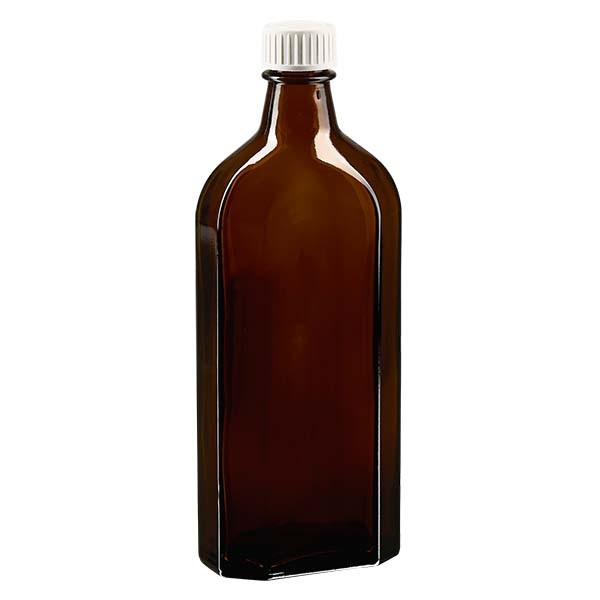 Bottiglia Meplat 250 ml colore marrone con imboccatura DIN 22, tappo a vite colore bianco DIN 22 in PP con