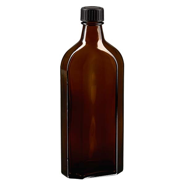 Bottiglia Meplat 250 ml colore marrone con imboccatura DIN 22, tappo a vite DIN 22 colore nero in LKD