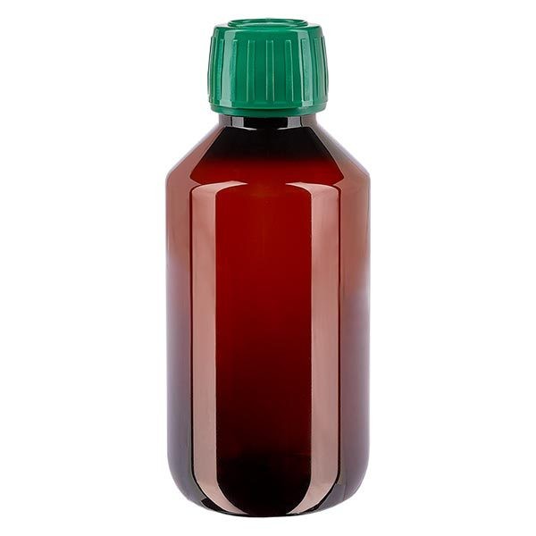 Bottiglia di medicina PET 200ml marrone (bottiglia Veral) PP28, con OV verde